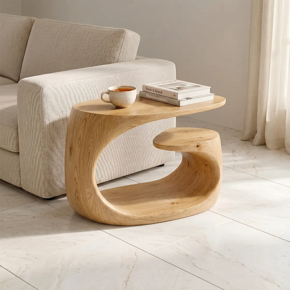 Handcrafted Solid Wood End Table with Open Shelf – Sculptural Japandi Side Table for Living Room TH003-8927