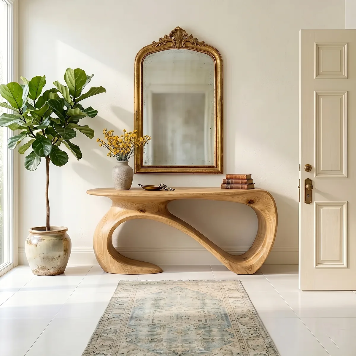 Artistic Solid Wood Entryway Table with Sculptural Design