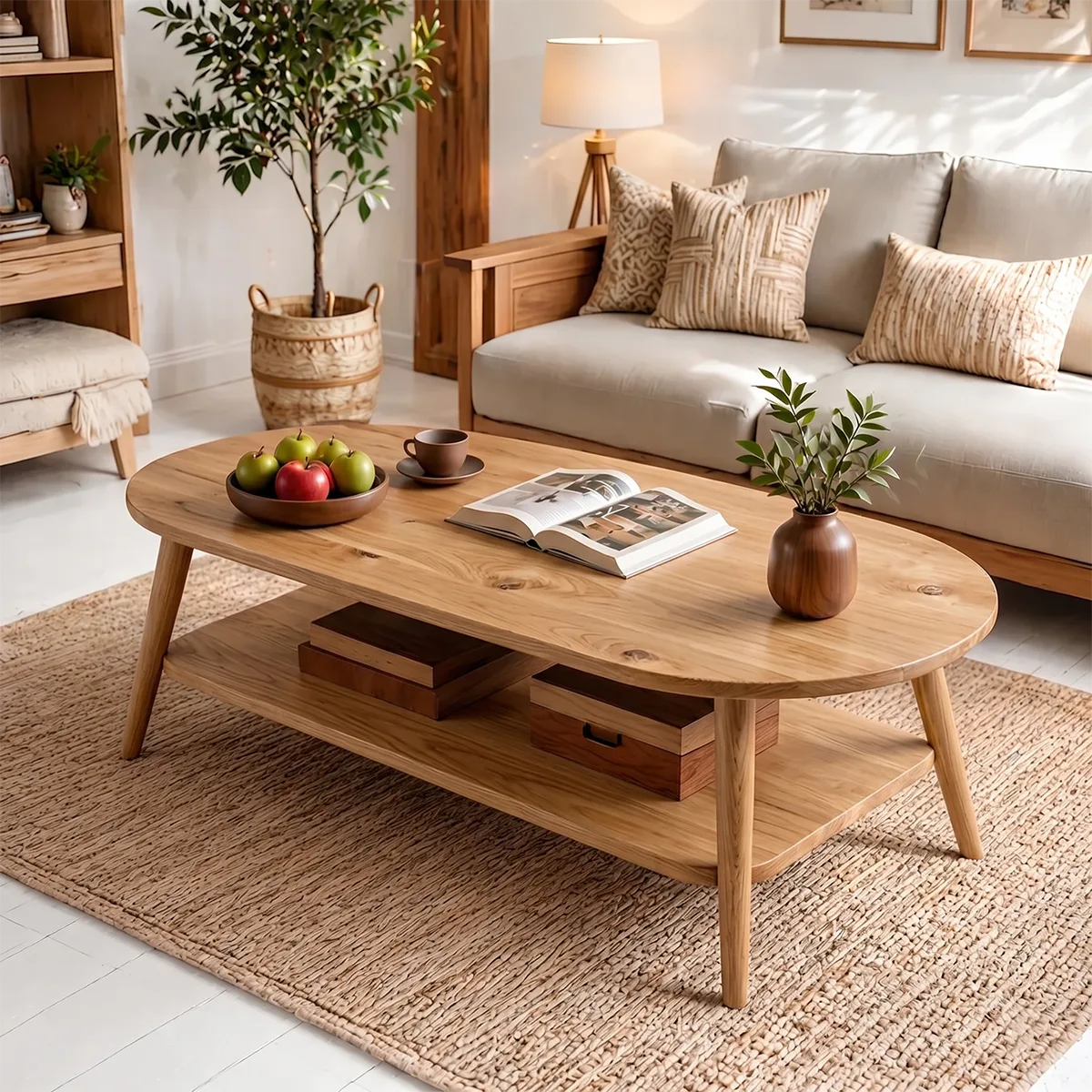 Mid Century Modern Solid Wood Two Tier Oval Coffee Table