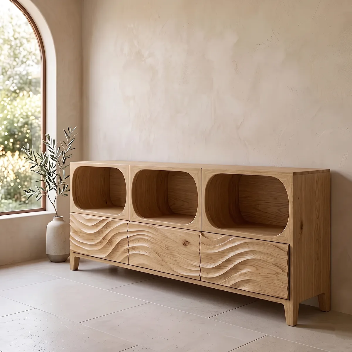 Modern Sideboard Cabinet | Wave Front Storage Cabinet with Open Shelves & Drawers TH003-8331