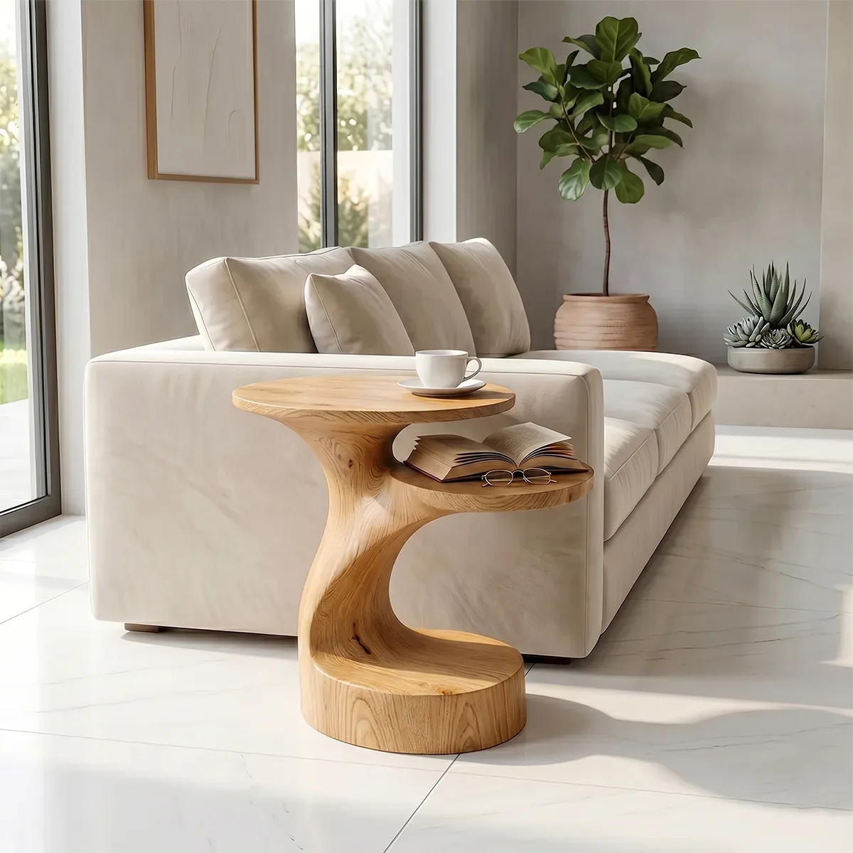 Handcrafted Solid Wood End Table with Open Shelves – Sculptural Organic Side Table TH003-1037