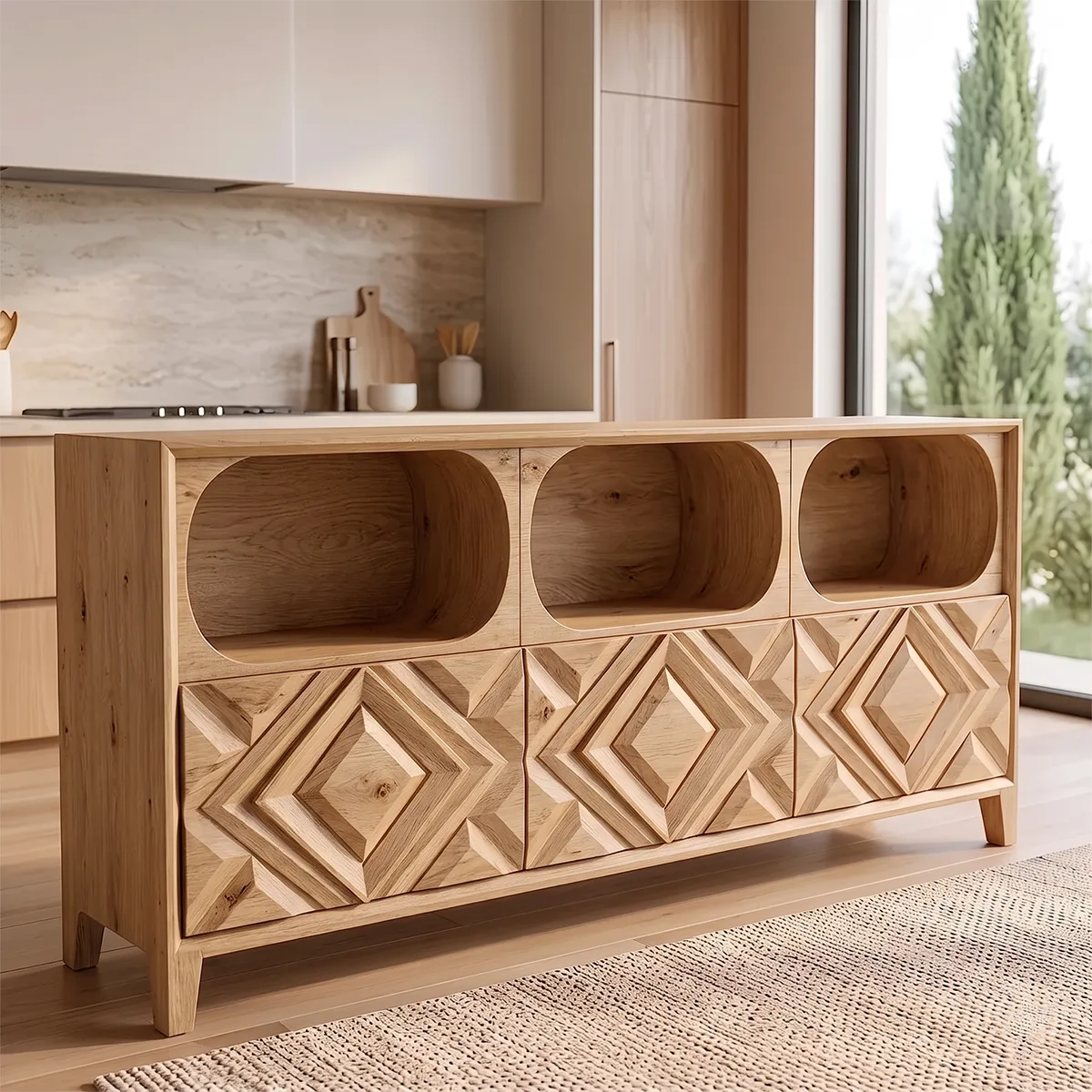 Modern Sideboard Cabinet | Geometric Carved Buffet Cabinet with Open Shelves & Storage TH003-2841