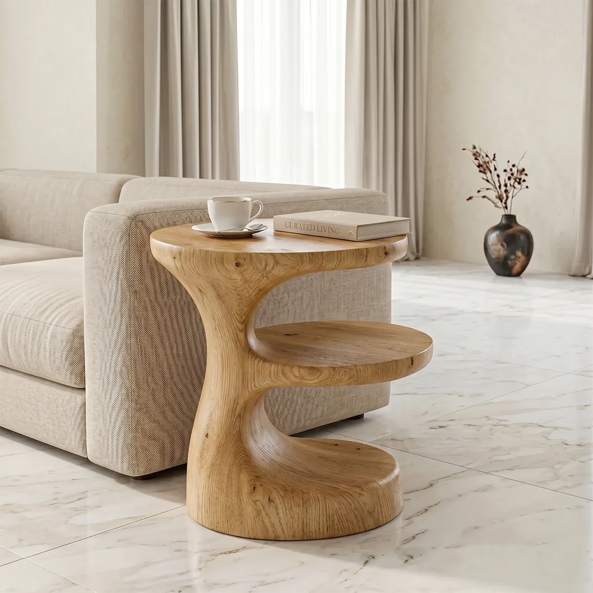 Handcrafted Solid Wood 3-Tier End Table – Sculptural Organic Side Table for Living Room TH003-2631