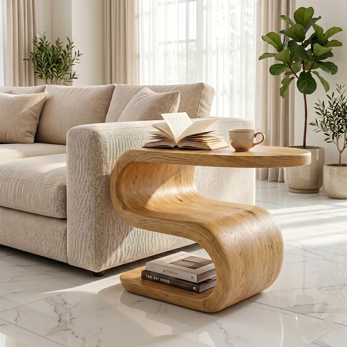 Solid Wood S-Shaped End Table – Sculptural Side Table for Living Room & Bedroom TH003-1734