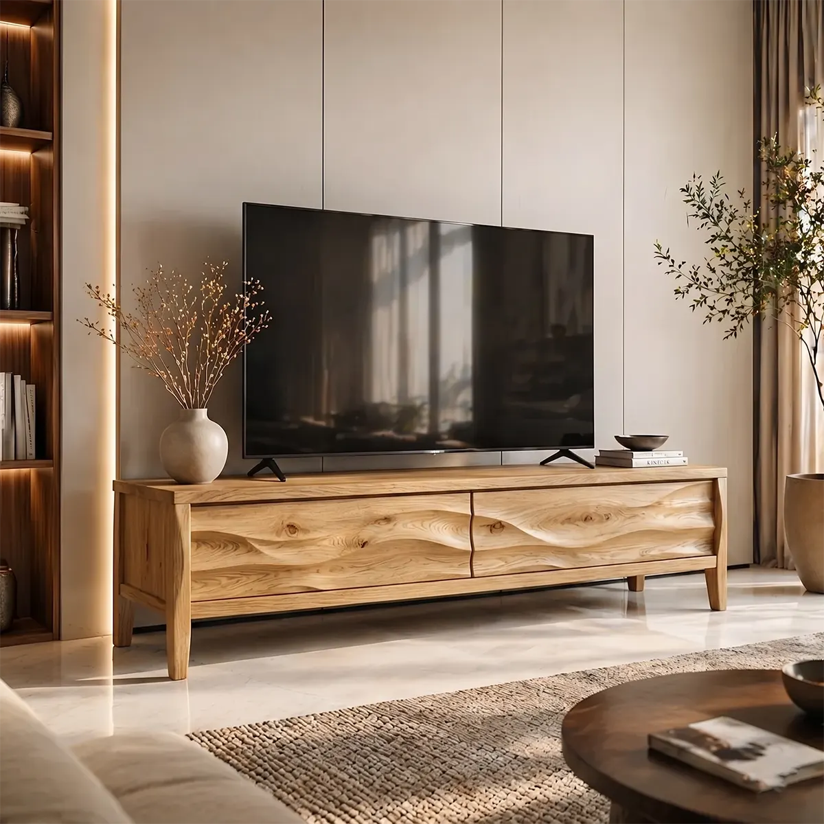 Modern Solid Wood 3D Wavy Carved TV Stand