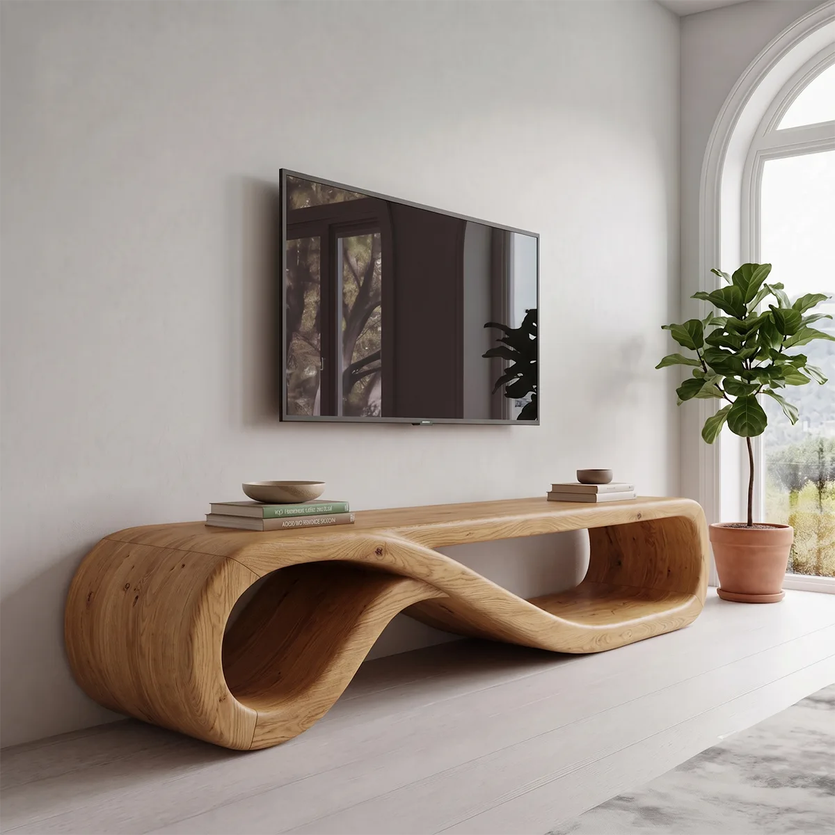 Sculptural Curved TV Stand with Open Storage | Modern Low Profile Entertainment Console TH003-7MDL5CO