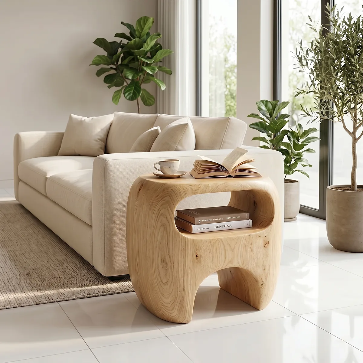 Handcrafted Solid Wood End Table with Open Shelf-Organic Side Table for Living Room TH003-8647