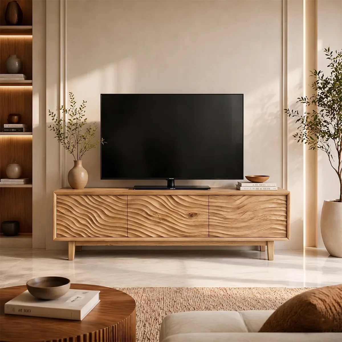 Modern Solid Wood Three Door Wavy Carved TV Stand