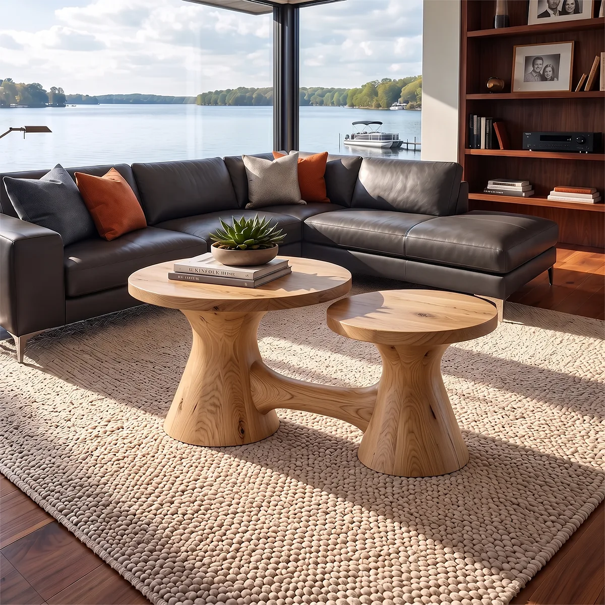 Two-Tier Round Coffee Table with Dual Pedestal Base | Sculptural Modern Living Room Table TH003-5PHH3EC