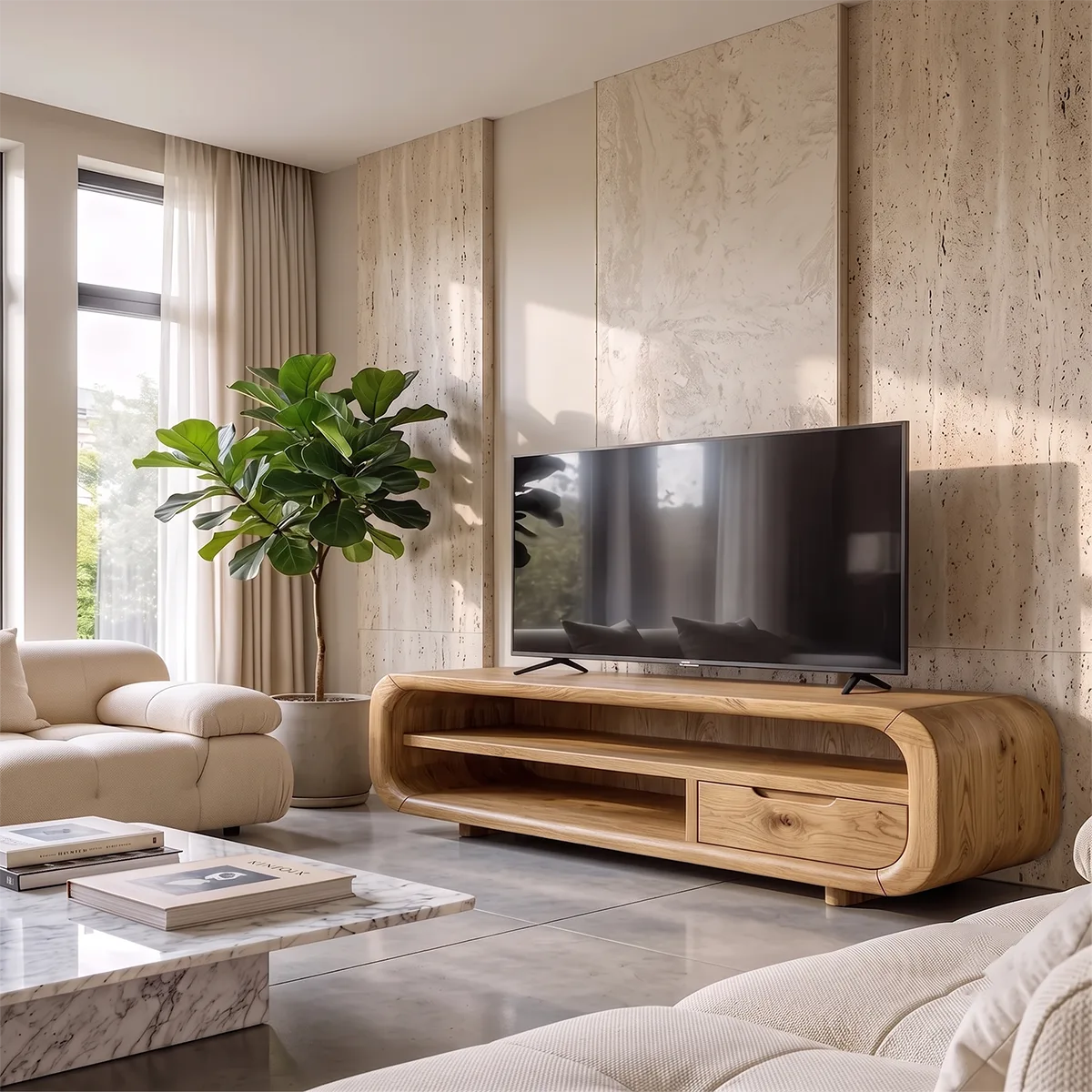 Modern Curved TV Stand with Open Shelves and Drawer | Low Profile Entertainment Console TH003-7VIY6HF