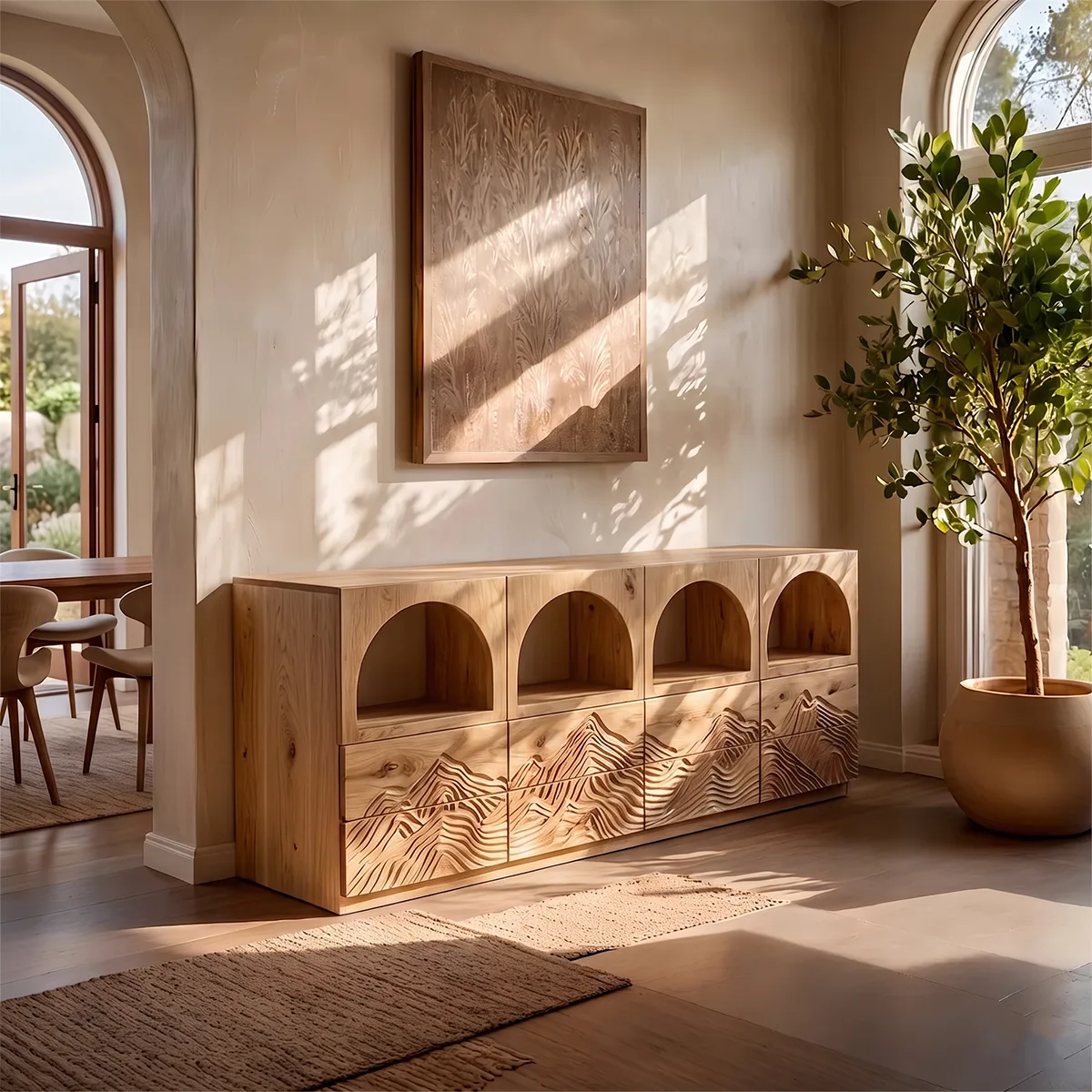 Modern Sideboard Cabinet | Mountain Carved Buffet Cabinet with Open Shelves & Drawers TH003-4345