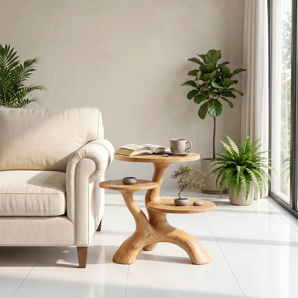 Handcrafted Solid Wood 3-Tier End Table – Sculptural Organic Side Table TH003-2515