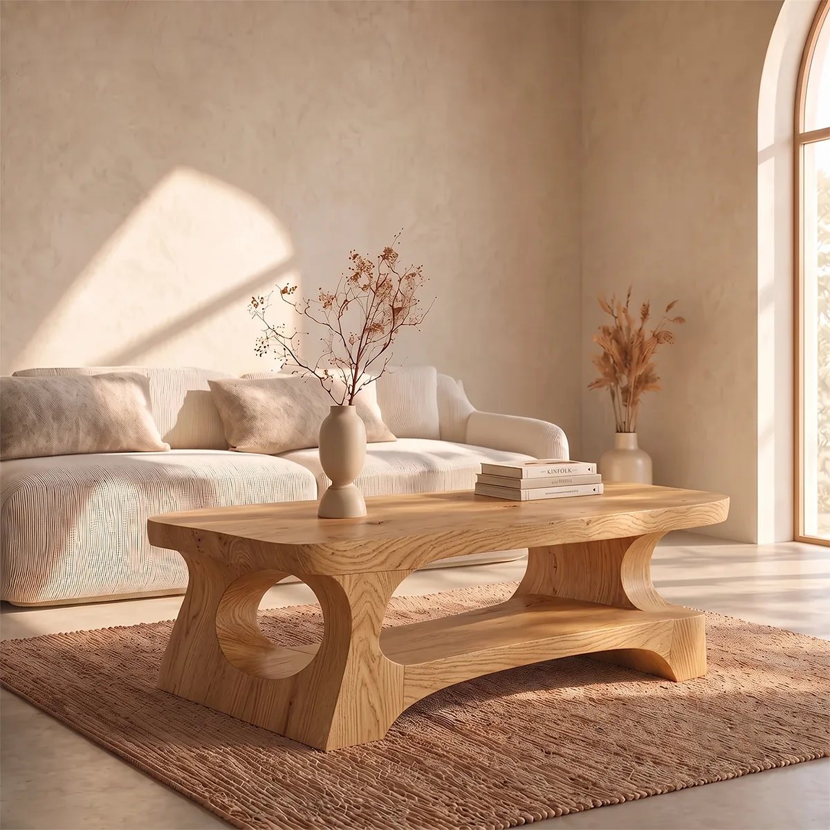 Organic Rectangular Coffee Table with Open Shelf and Sculptural Arch Base TH003-6JFK9PR