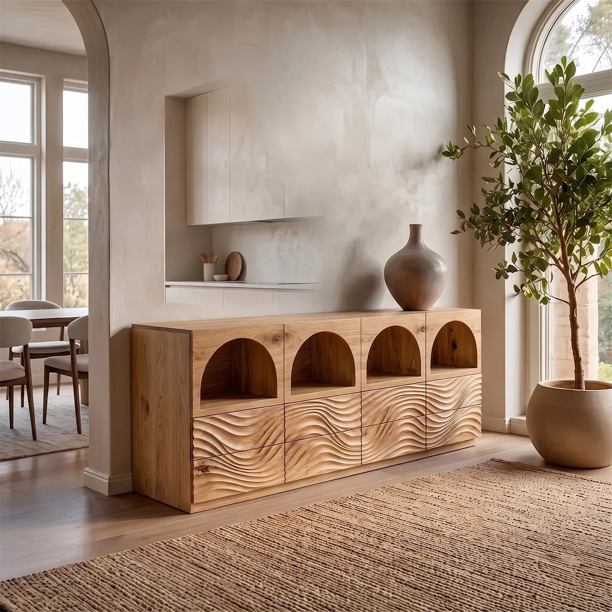 Modern Sideboard Cabinet | Wave Carved Buffet Cabinet with Open Shelves & Drawers TH003-8099