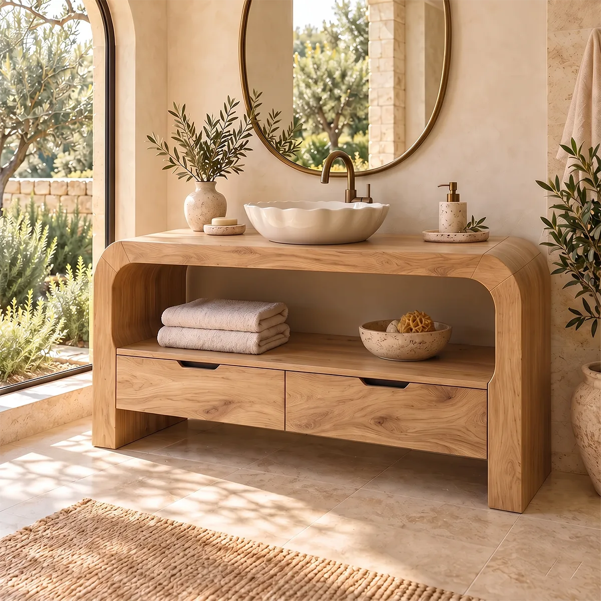 Curved Waterfall Bathroom Vanity | 2-Drawer Vanity with Large Open Storage Shelf TH003-4TMA9VP