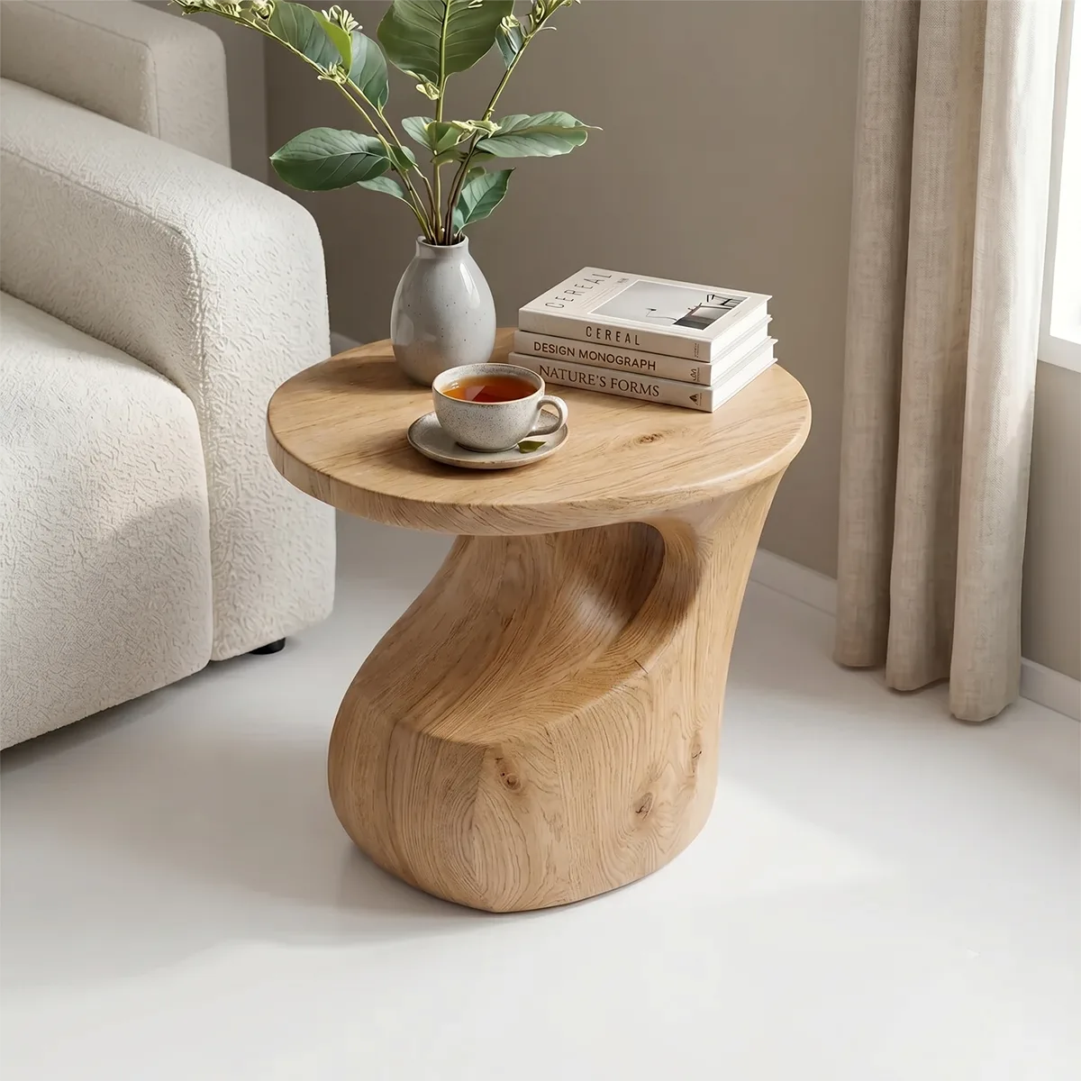 Sculptural Solid Wood Side Table, Round End Table with Curved Pedestal Base TH003-3965