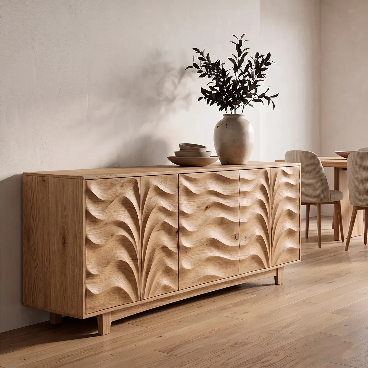 Carved Solid Wood Sideboard | Sculptural Hardwood Buffet Cabinet for Modern Dining Room TH003-5486