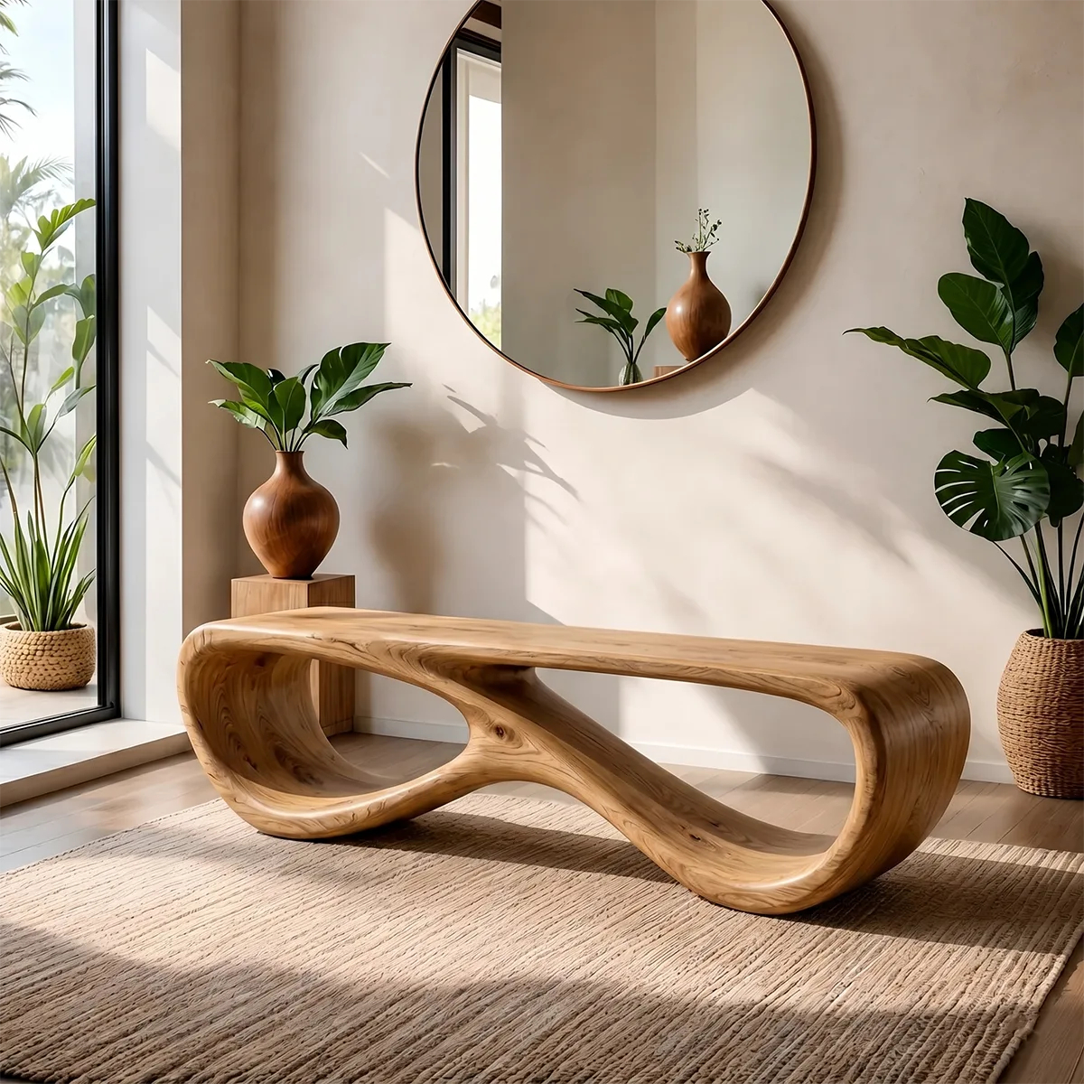 Organic Sculptural Solid Wood Bench for Modern Living Room and Entryway