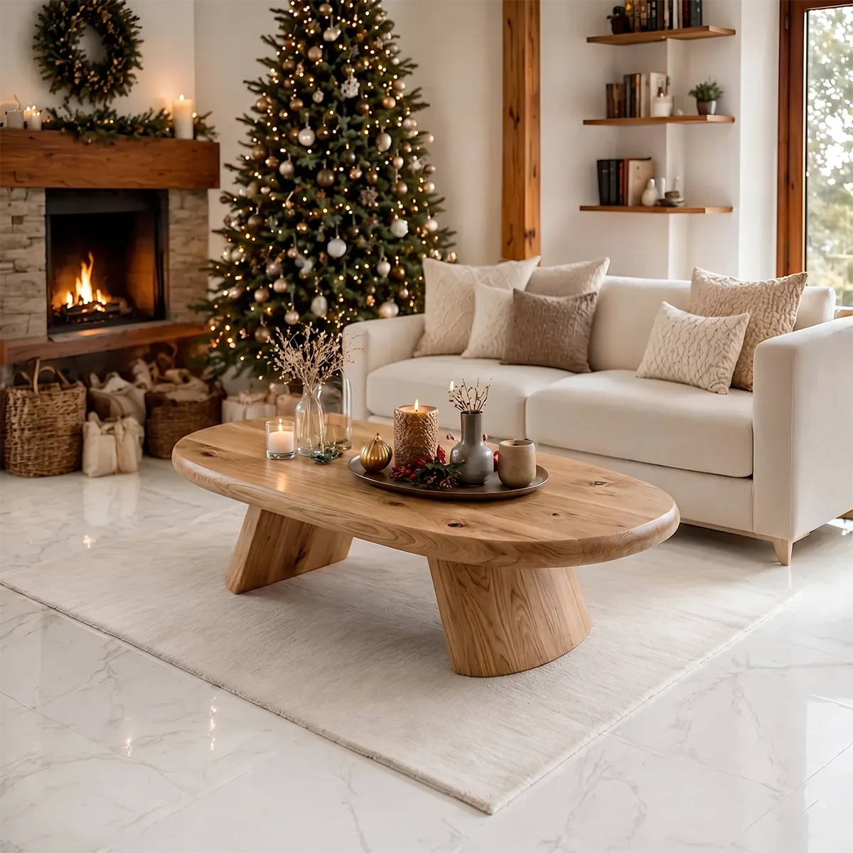 Modern Solid Wood Oval Coffee Table with Sculptural Pedestal Legs