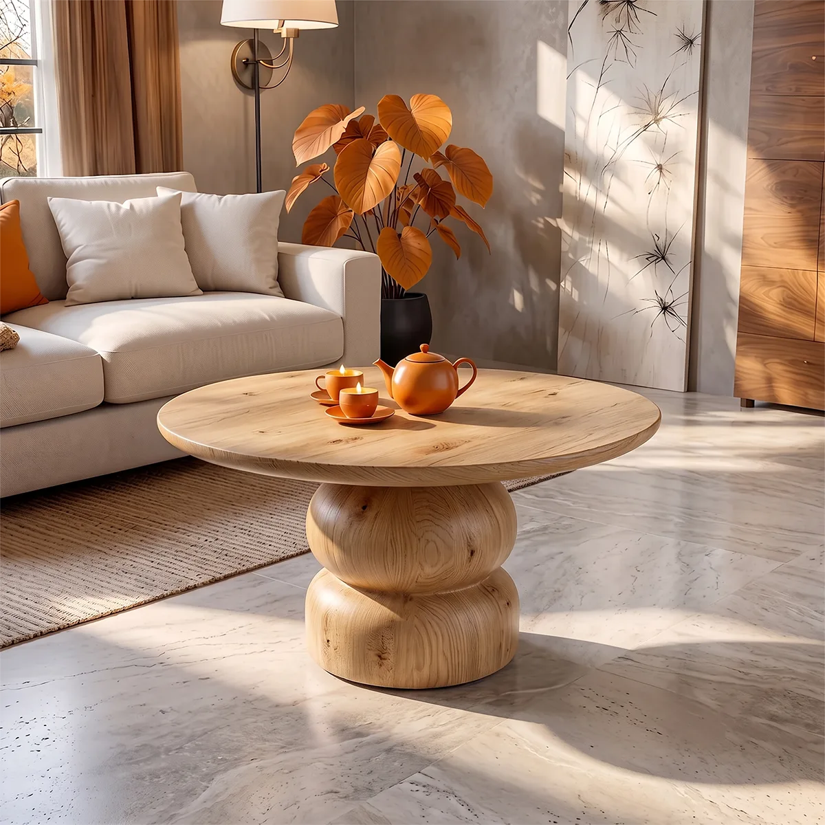Sculptural Round Coffee Table with Stacked Pedestal Base | Organic Modern Center Table TH003-2ZWS1NI