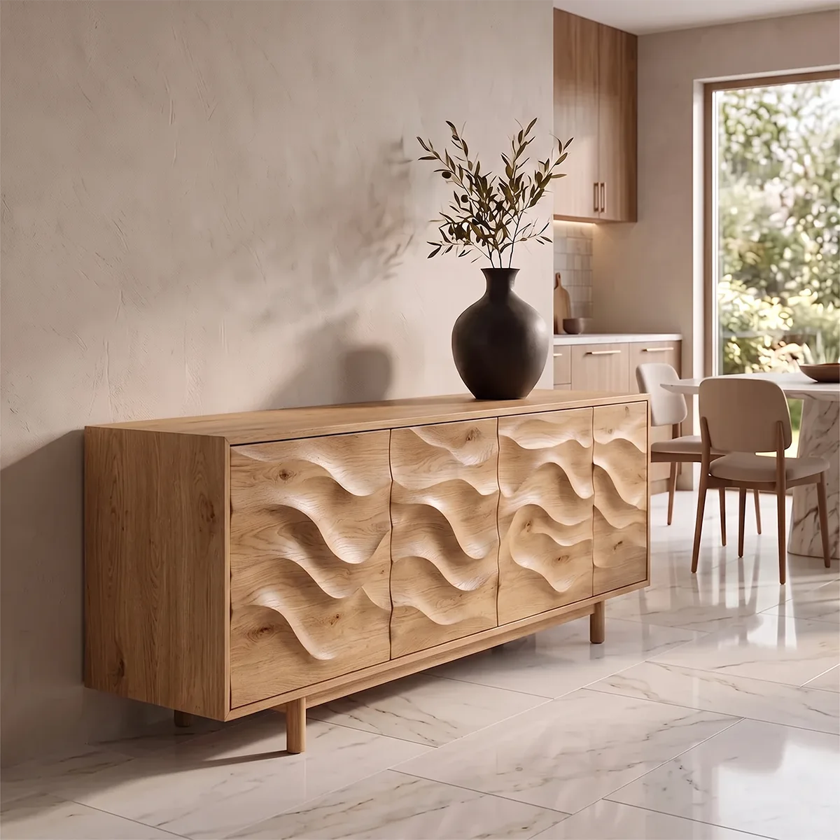 Wave Carved Solid Wood Sideboard | Modern Hardwood Buffet Cabinet for Dining & Living Room TH003-6641