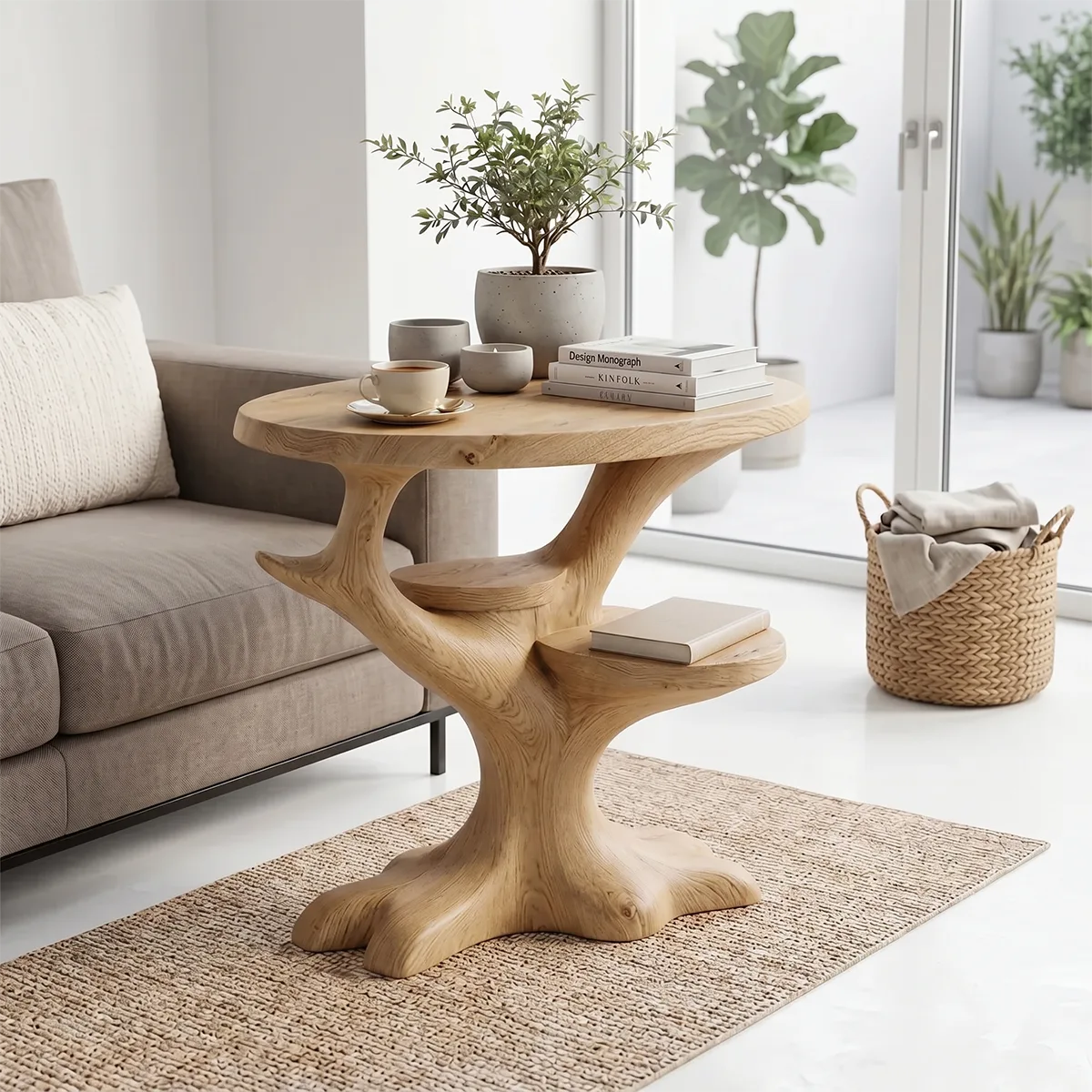 Sculptural Solid Wood Side Table with Shelves, Tree-Inspired End Table, Handcrafted Organic Wood Accent Table TH003-1094