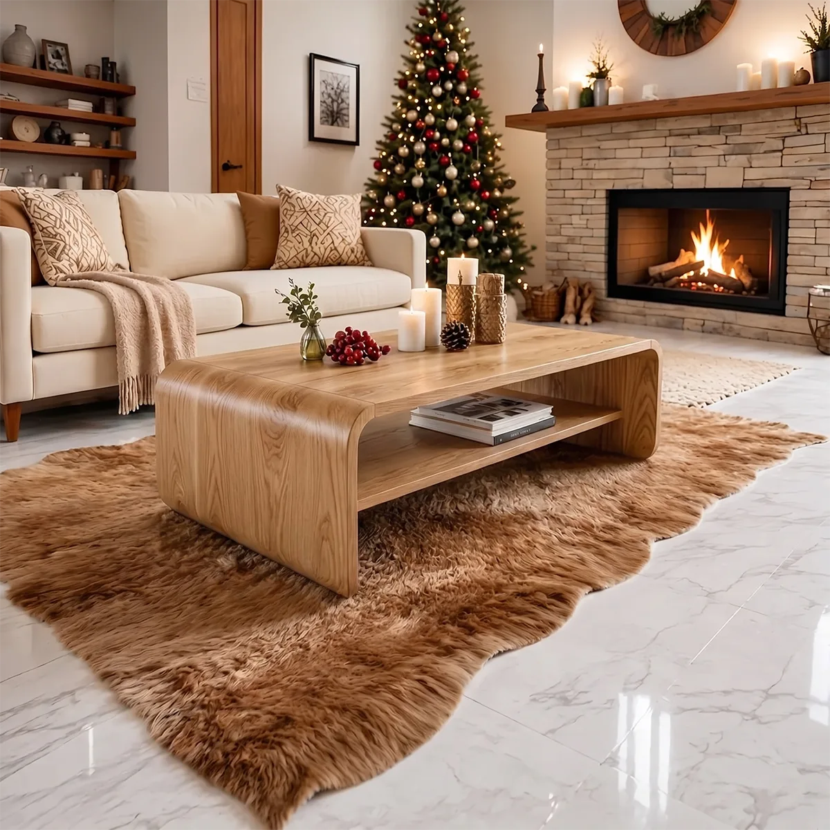 Modern Solid Wood Waterfall Coffee Table with Storage Shelf