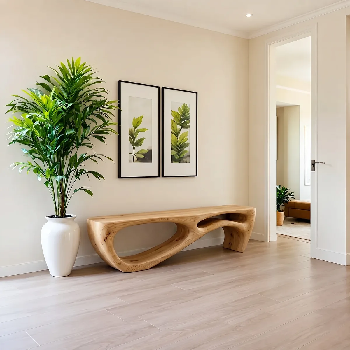 Organic Sculptural Solid Wood Bench for Modern Entryway and Contemporary Living Spaces