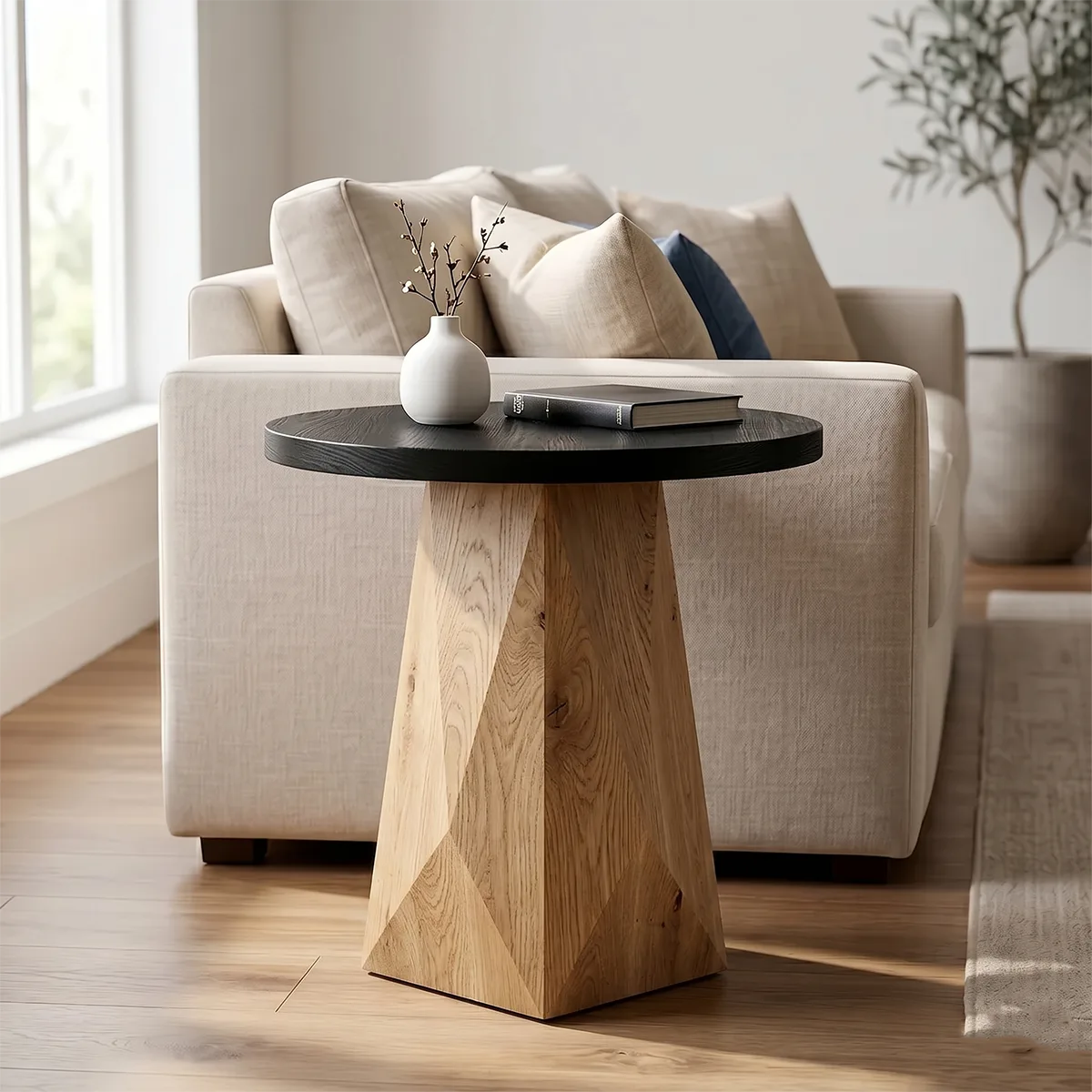 Round Solid Wood End Table | Handcrafted Pedestal Side Table with Black Top for Living Room & Bedroom TH003-3811