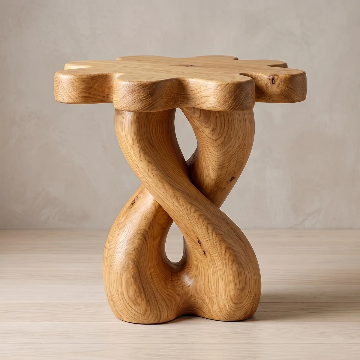Wooden Nightstand With Twisted Base And Flower-Shaped Tabletop