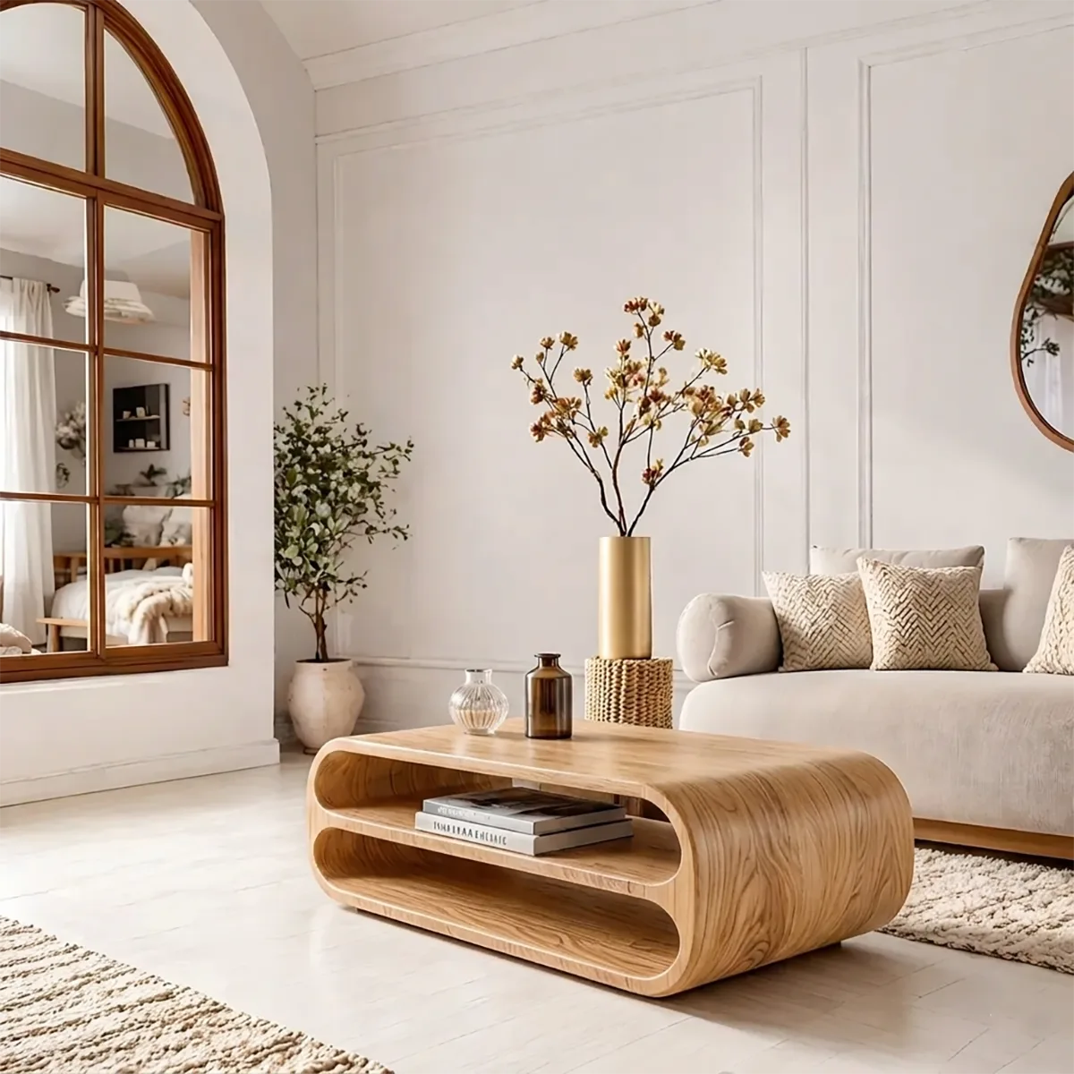 Modern Solid Wood Rounded Coffee Table with Double Open Storage