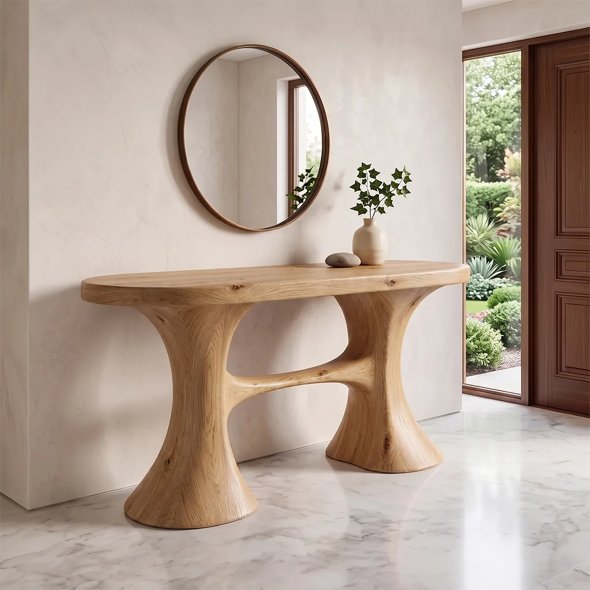 Modern Organic Console Table with Sculptural Double Pedestal Base – Contemporary Entryway Table TH003-1673