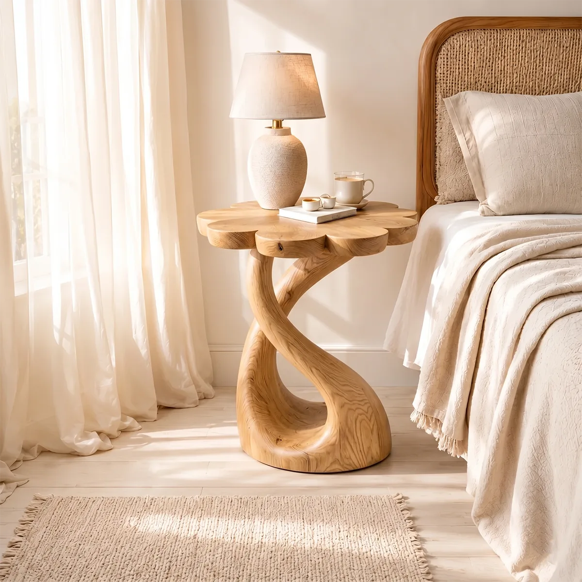 Flower-Shaped Wooden Nightstand With Sculptural Twisted Base