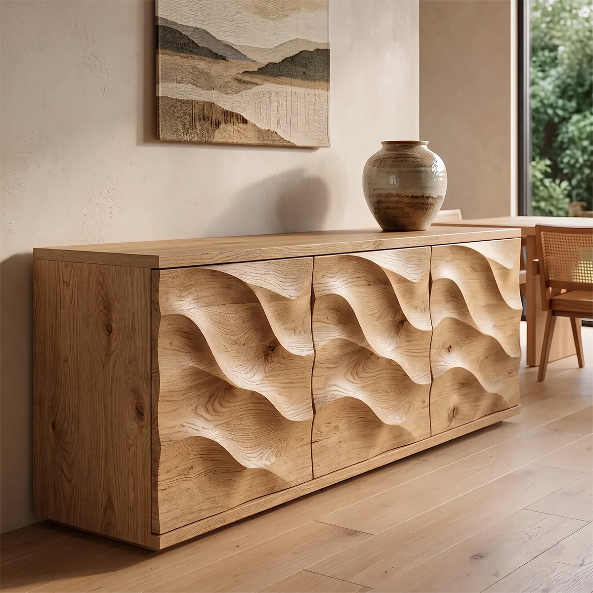 Wave Carved Solid Wood Sideboard | Organic Modern Buffet Cabinet for Dining & Living Room TH003-1993