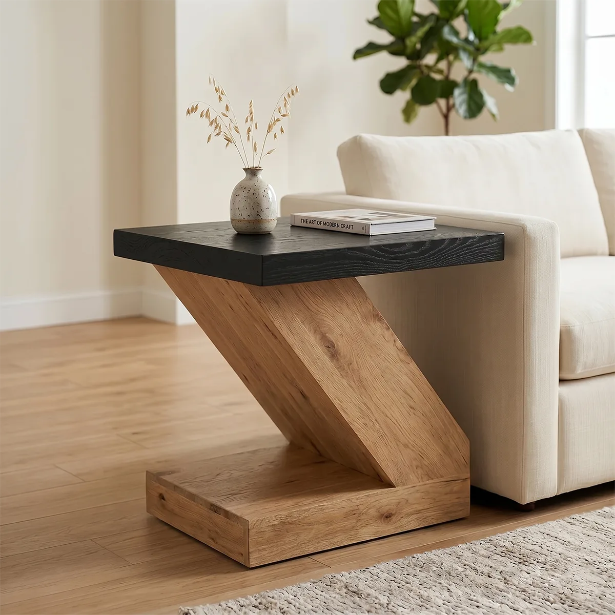 Modern Solid Wood End Table | Geometric Z-Shaped Side Table with Black Top TH003-2206