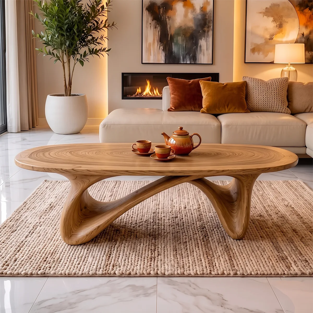 Modern Organic Coffee Table | Sculptural Solid Wood Oval Cocktail Table TH003-9925