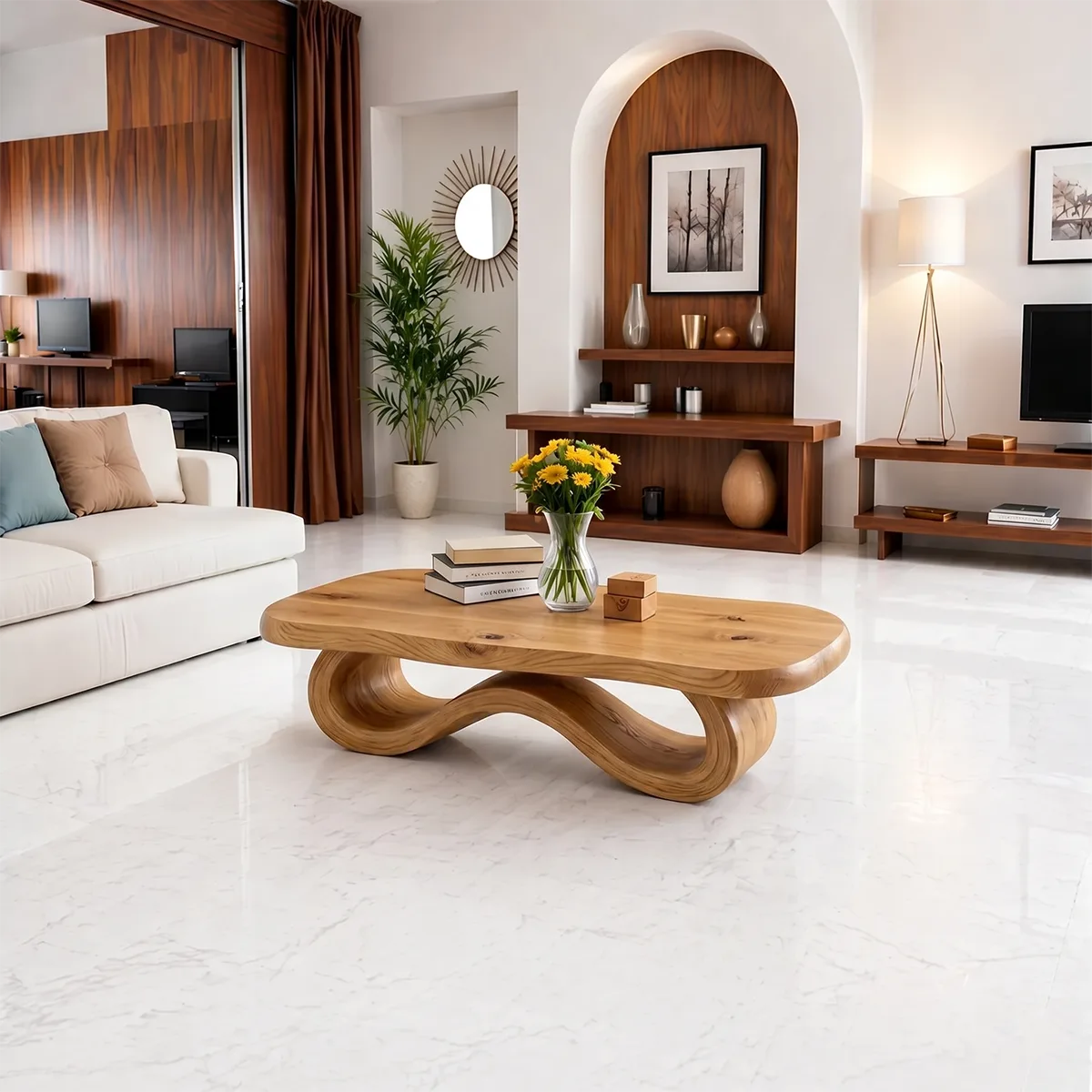 Modern Solid Wood Sculptural Coffee Table with Ribbon Base