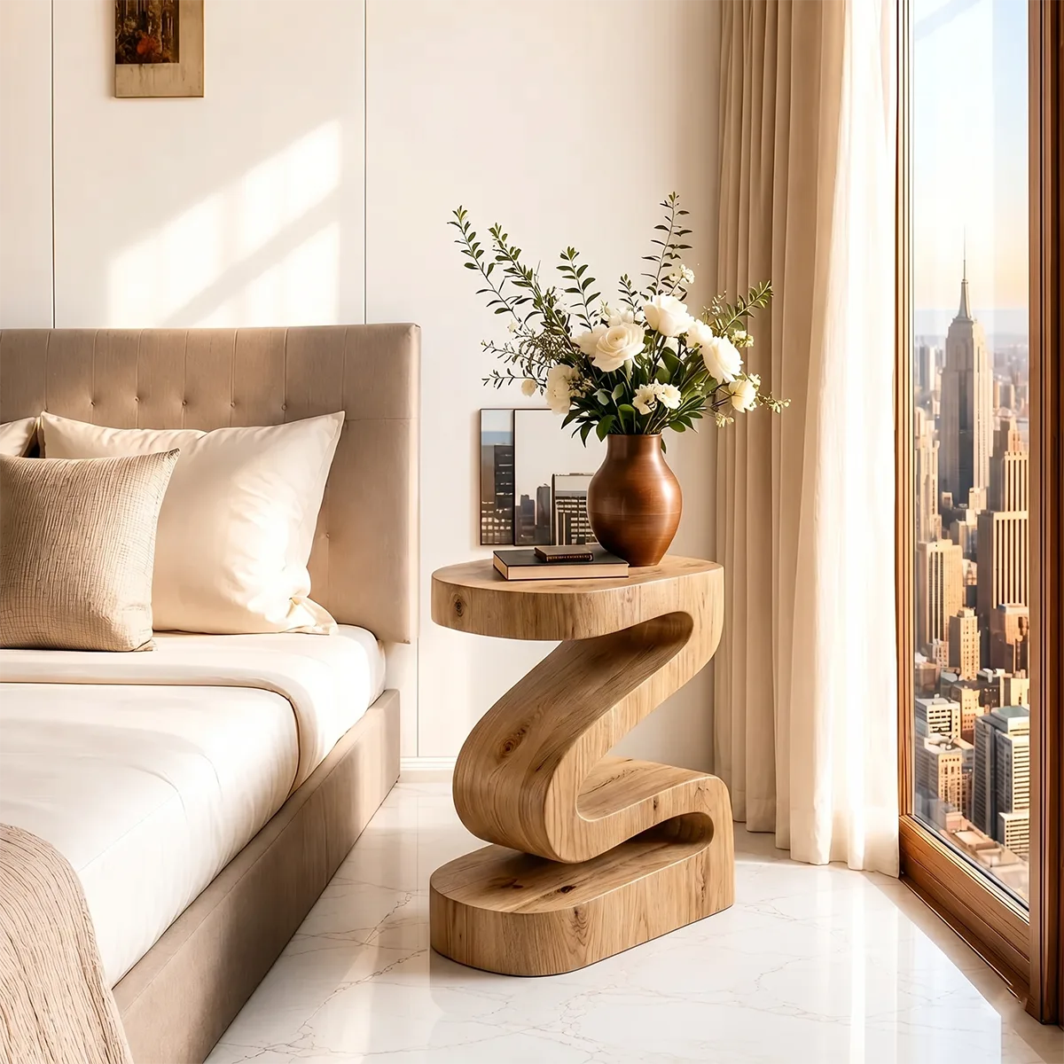 Modern Sculptural Wooden Nightstand with Open Shelf