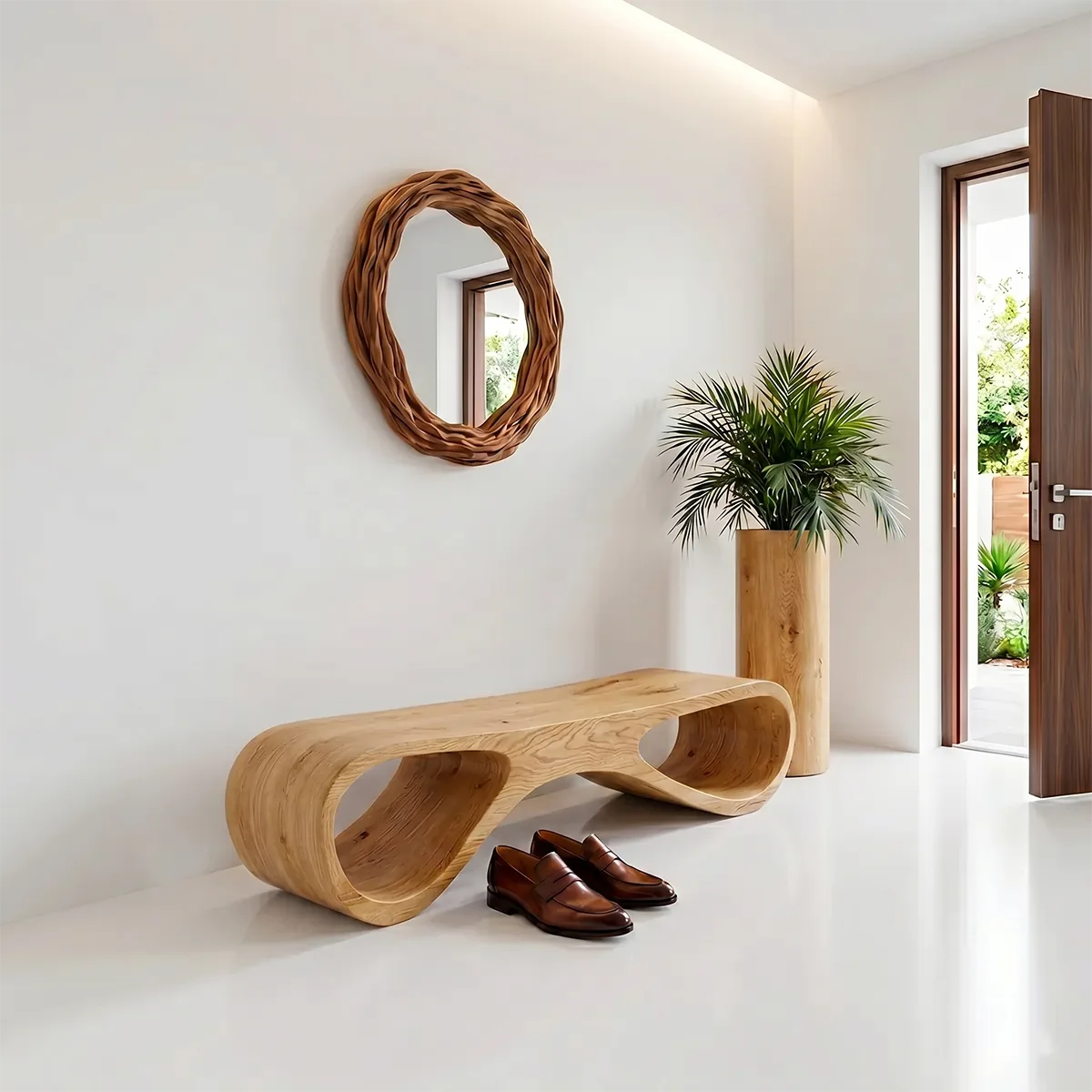 Organic Sculptural Solid Wood Entryway Bench for Modern Minimalist Hallway Interiors