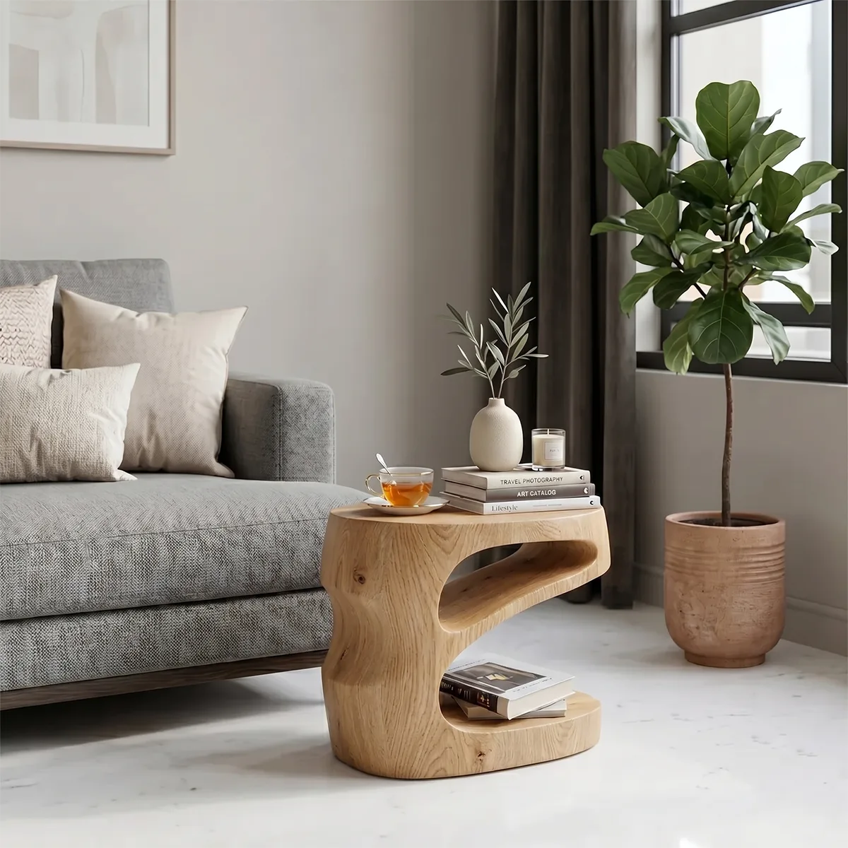 Handcrafted Sculptural Solid Wood Side Table with Storage Shelves TH003-7929