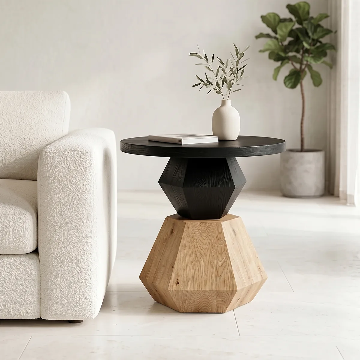 Modern Round Solid Wood End Table | Geometric Pedestal Side Table with Black Top TH003-3706