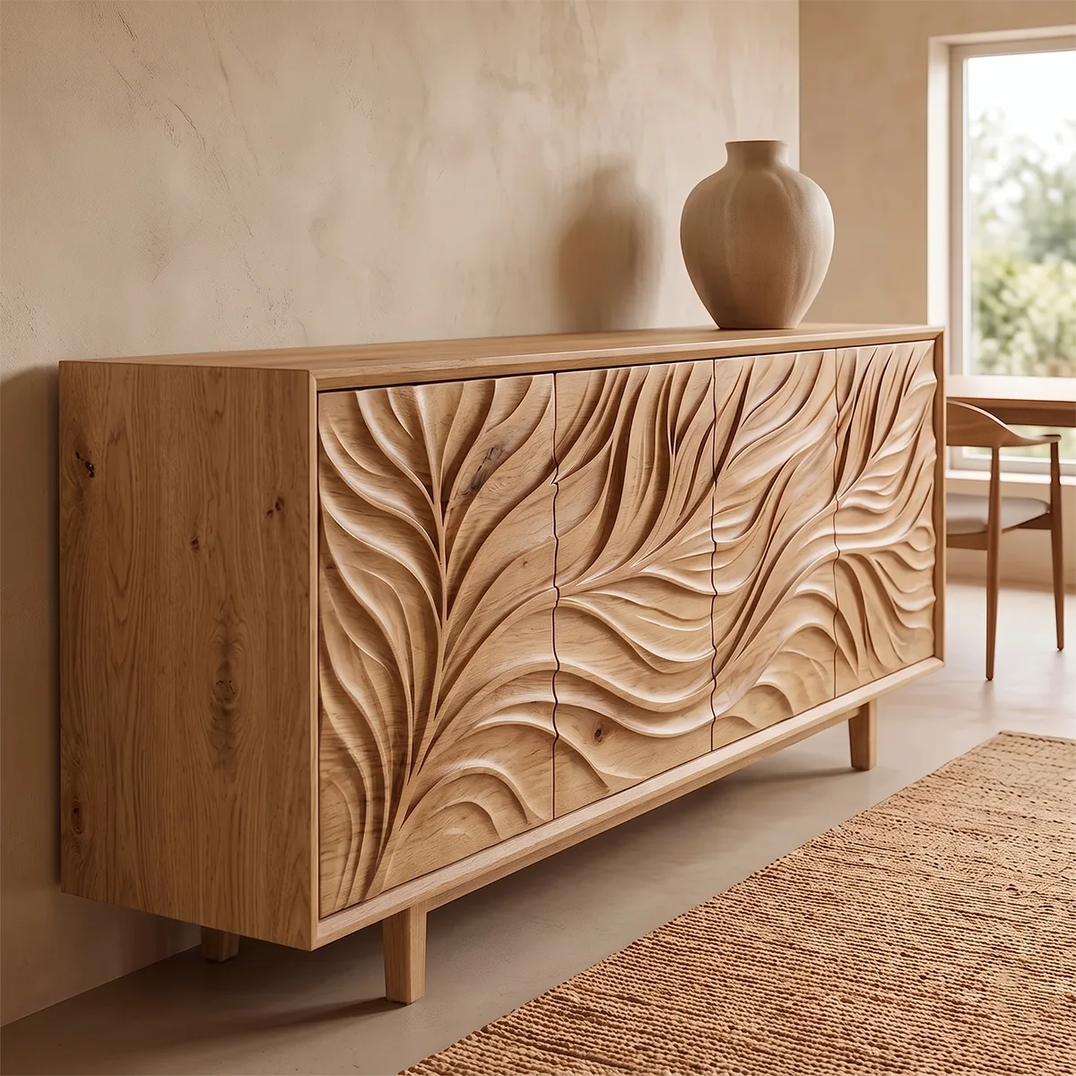 Leaf Carved Solid Wood Sideboard | Organic Modern Buffet Cabinet for Dining & Living Room TH003-7107
