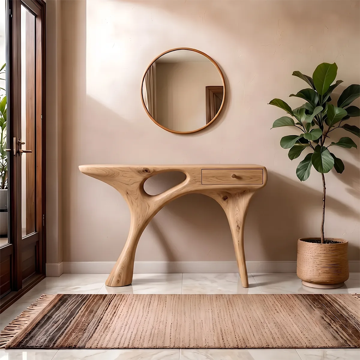 Organic Modern Console Table with Sculptural Base & Drawer – Contemporary Entryway Table TH003-5521
