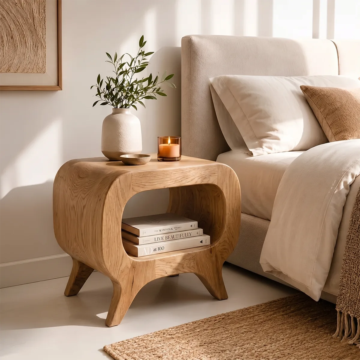 Solid Wood Nightstand with Open Shelf Storage