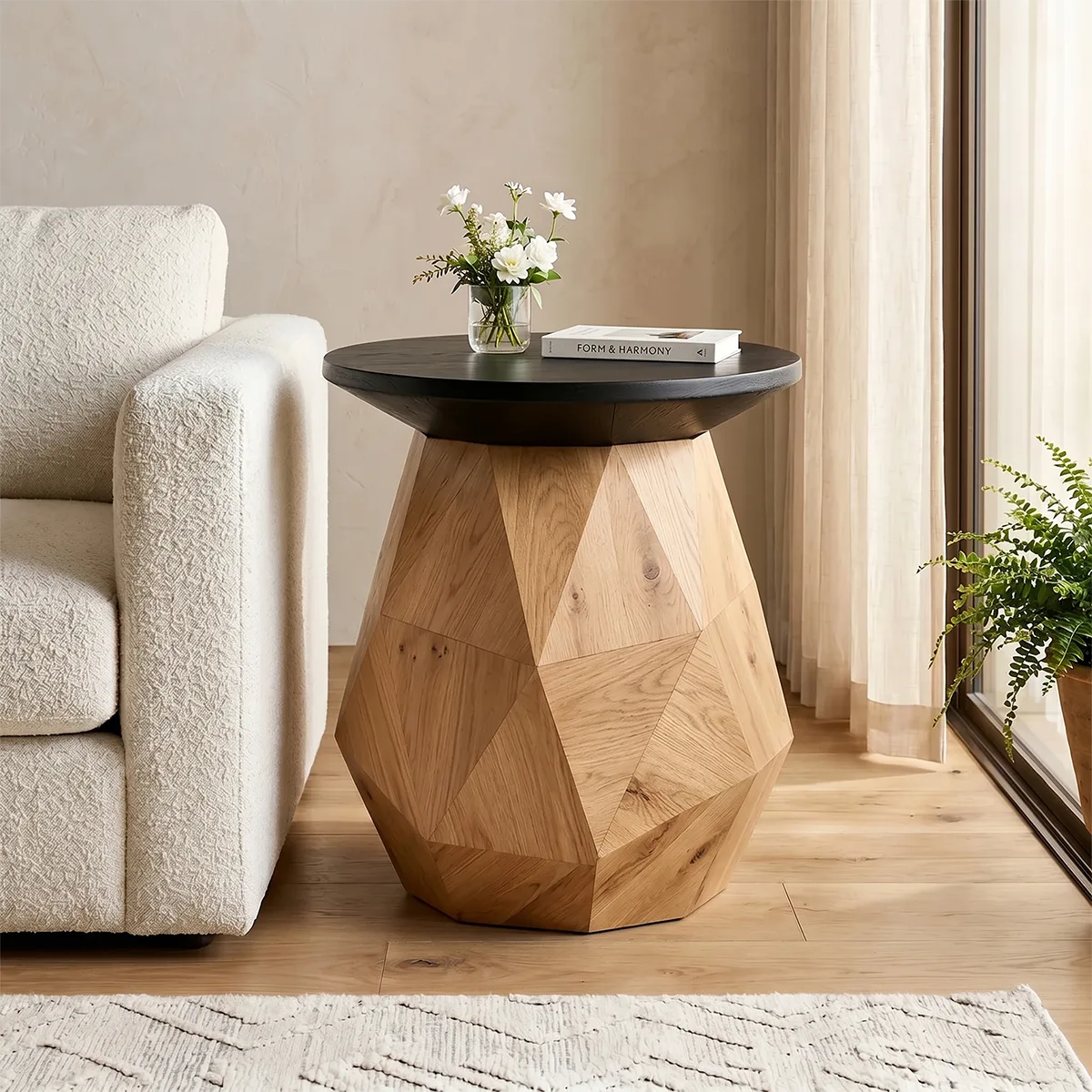 Modern Round Solid Wood End Table | Geometric Pedestal Side Table with Black Top TH003-4421
