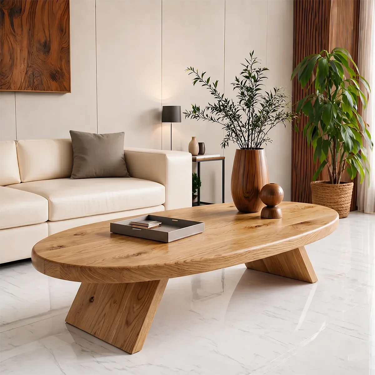 Modern Solid Wood Oval Coffee Table with Slanted Pedestal Legs