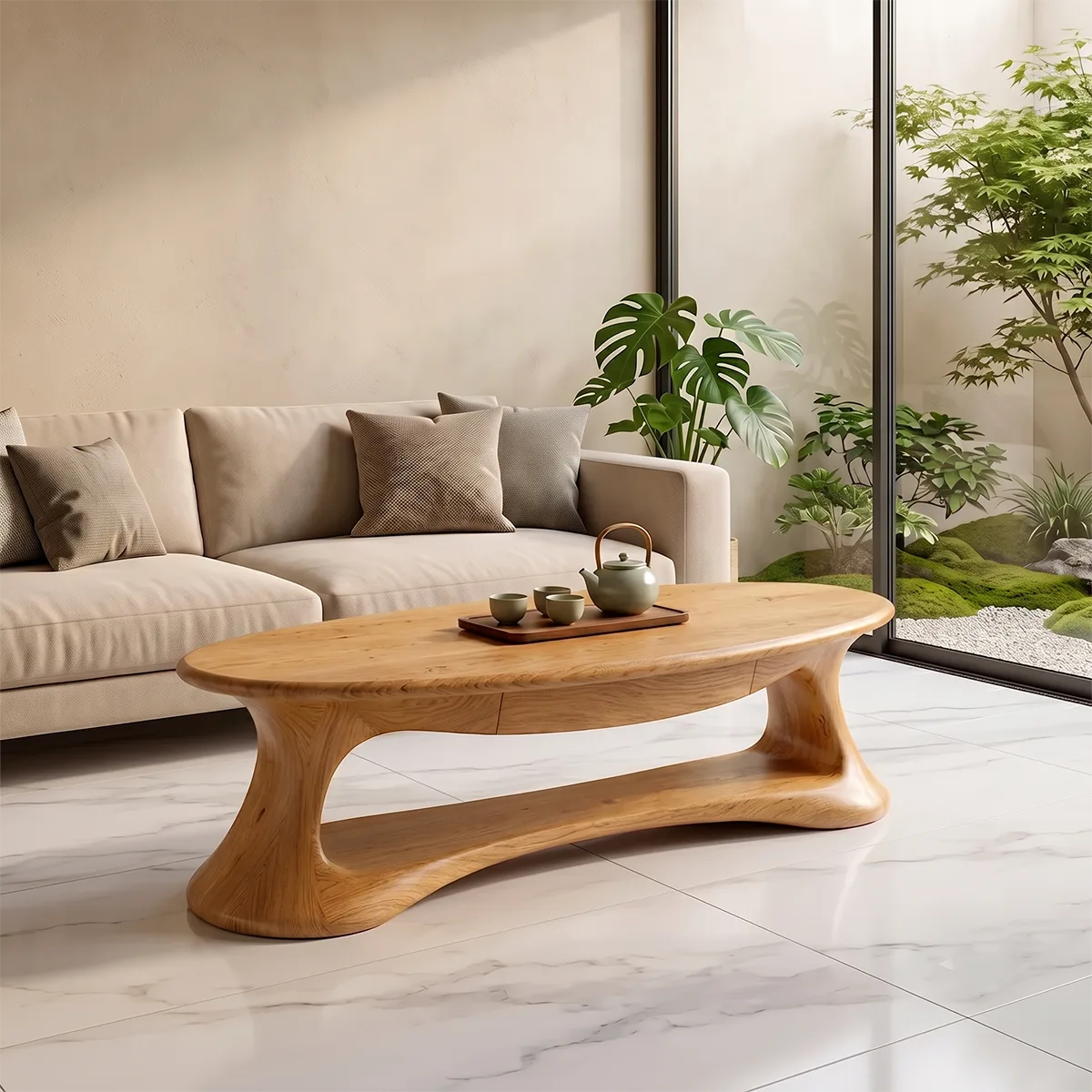 Modern Organic Coffee Table | Oval Coffee Table with Shelf for Living Room TH003-4419
