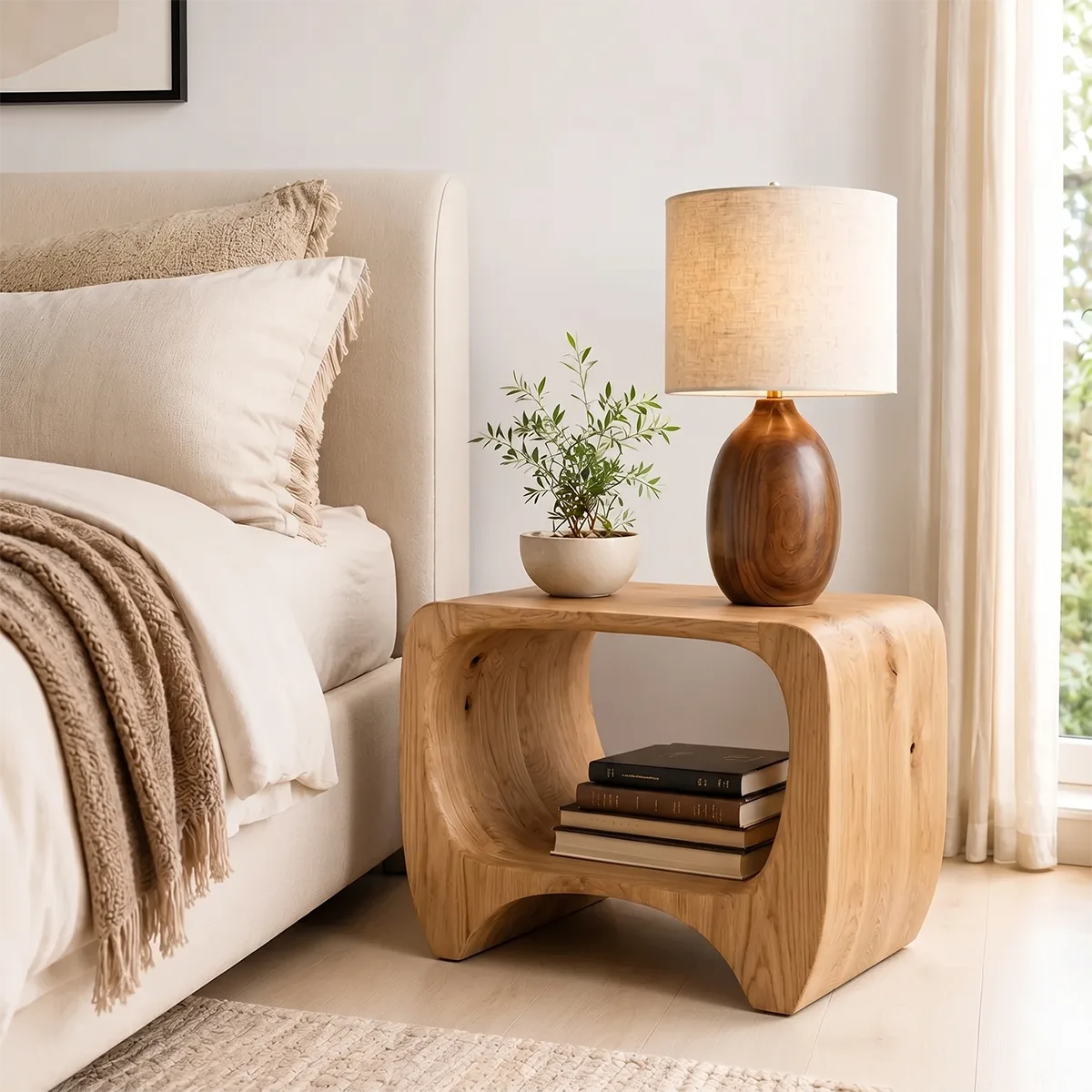 Organic Solid Wood Nightstand with Open Storage Shelf