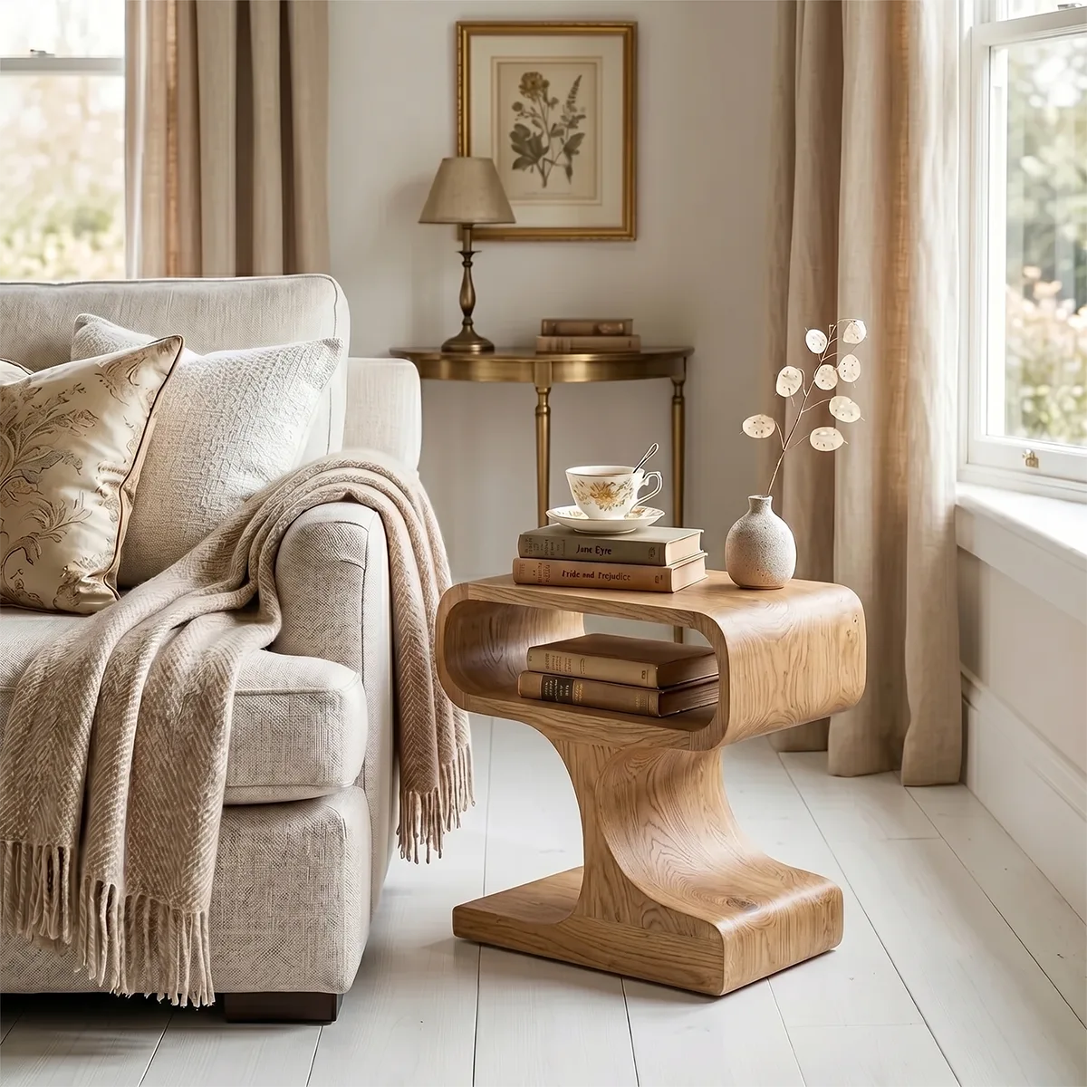 Solid Wood Sculptural Side Table with Storage | Modern End Table TH003-1002