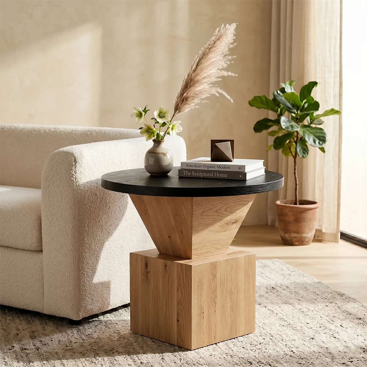 Modern Round Solid Wood End Table | Sculptural Pedestal Side Table with Black Top TH003-8718